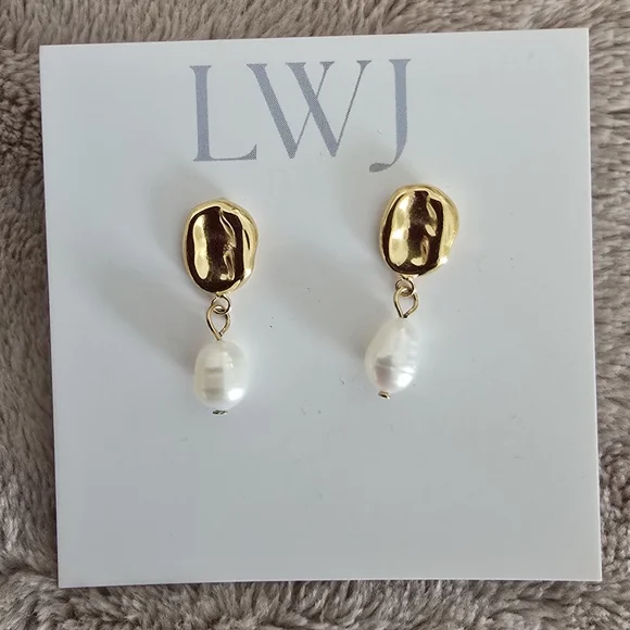 Gold and White Pearl Drop Earrings - Picture 1 of 3